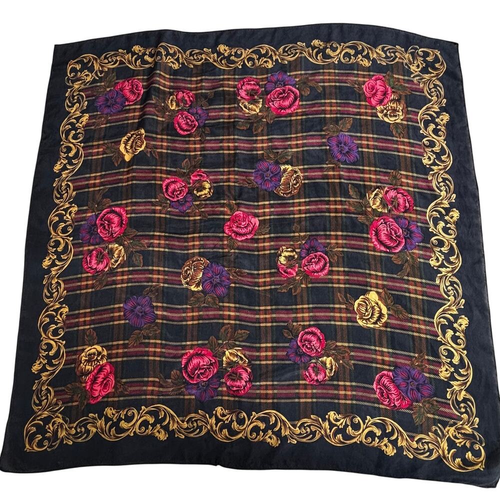 Vintage silky 30" square scarf Black gold pink plaid & floral border print